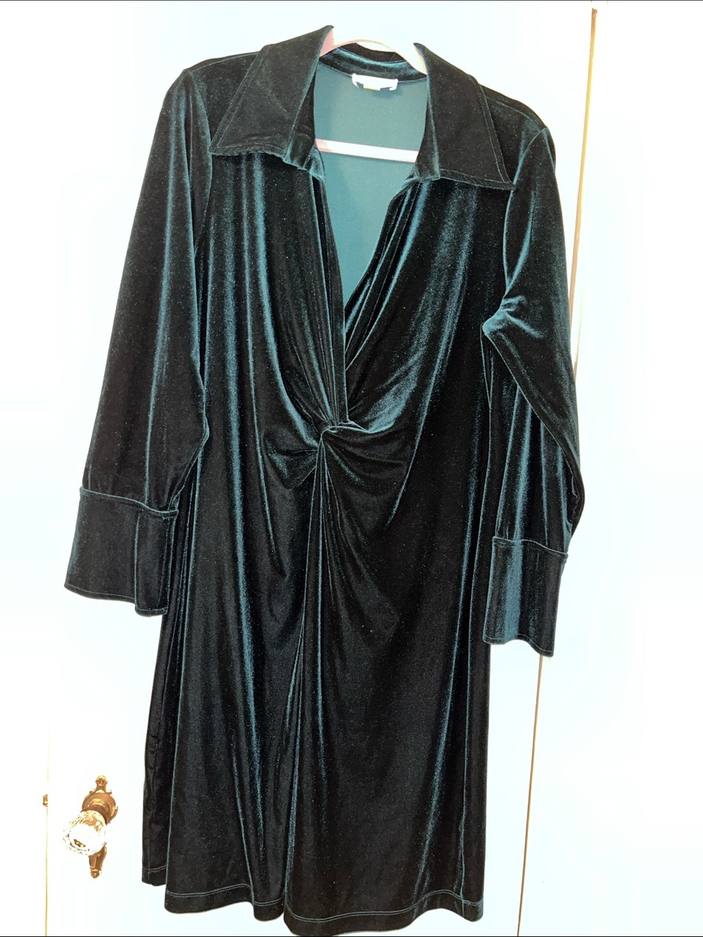 Calvin Klein Dark Green Velvet Long Sleeve Twist Front Dress